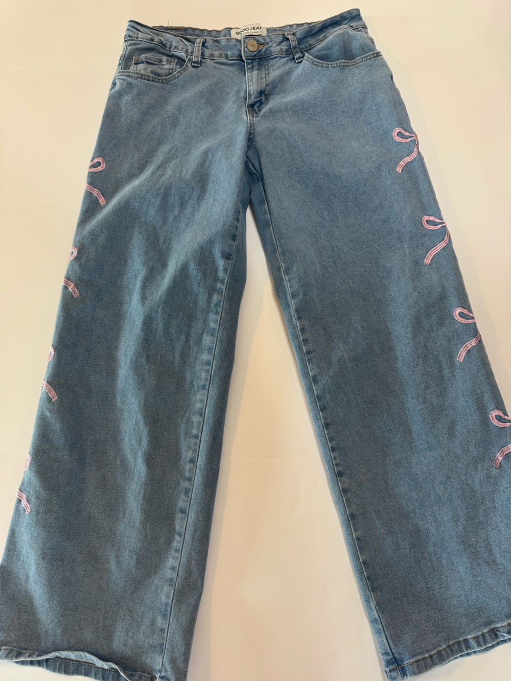 GOGO Straight Leg Blue Denim Jeans with Pink Embroidery